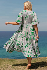 JAASE - Eve Midi Dress: V Neck Tiered Dress with Option Waist Tie in Kashira Print