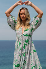 JAASE - Eve Midi Dress: V Neck Tiered Dress with Option Waist Tie in Kashira Print