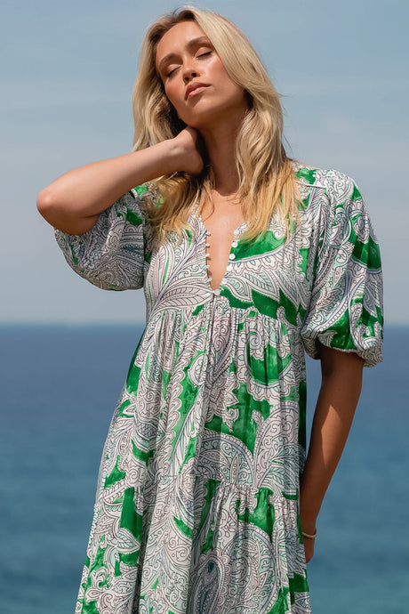 JAASE - Eve Midi Dress: V Neck Tiered Dress with Option Waist Tie in Kashira Print