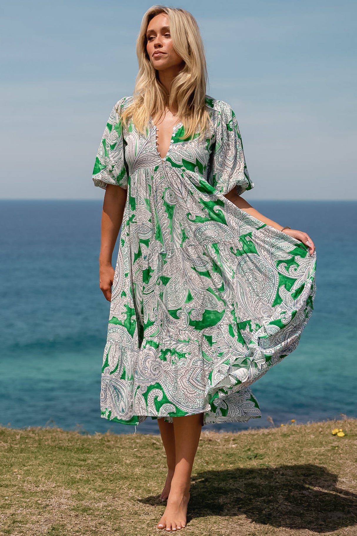 JAASE - Eve Midi Dress: V Neck Tiered Dress with Option Waist Tie in Kashira Print