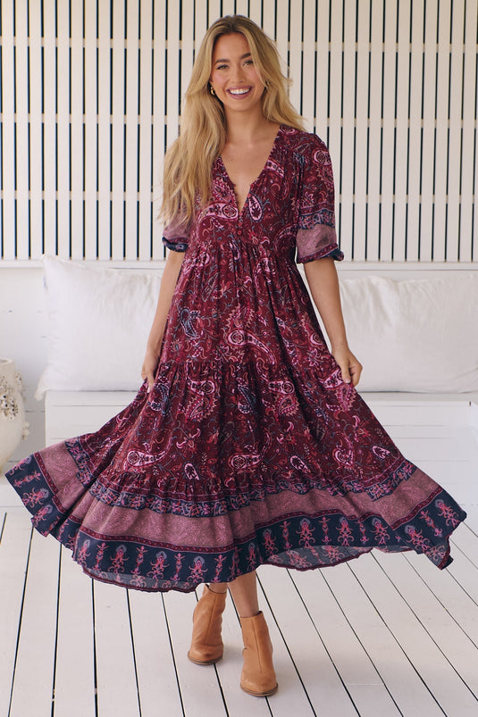 JAASE - Eve Midi Dress: V Neck Tiered Dress with Waist Tie in Sadie Print