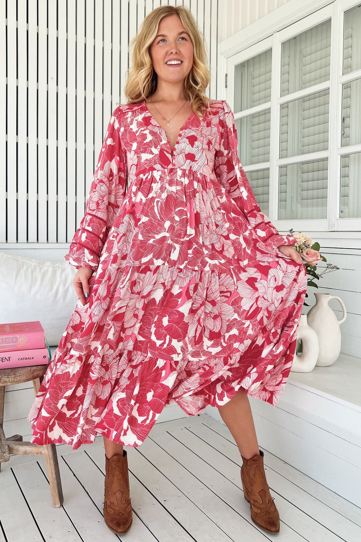 JAASE - Eve Midi Dress: V Neck Long Sleeve Tiered Dress with Option Waist Tie in Soulina Print