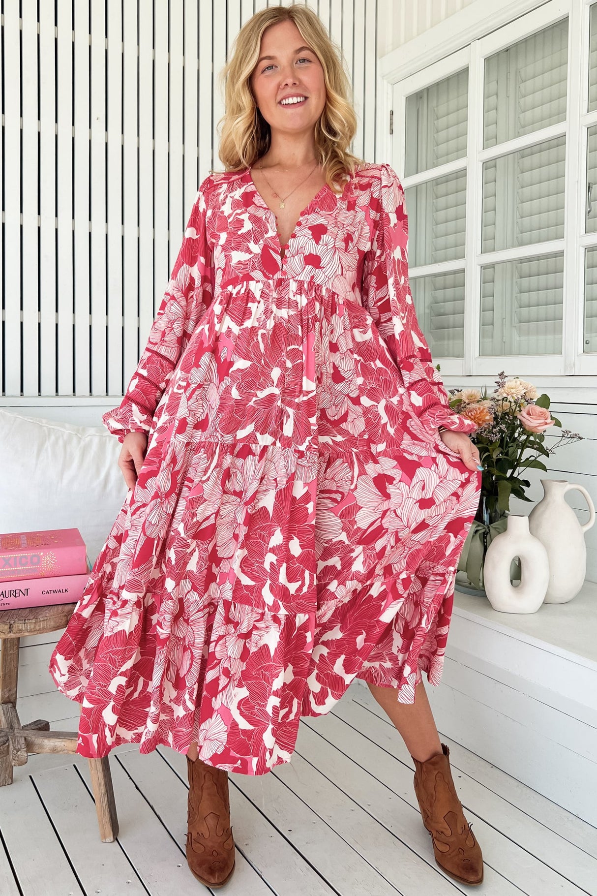 JAASE - Eve Midi Dress: V Neck Long Sleeve Tiered Dress with Option Waist Tie in Soulina Print