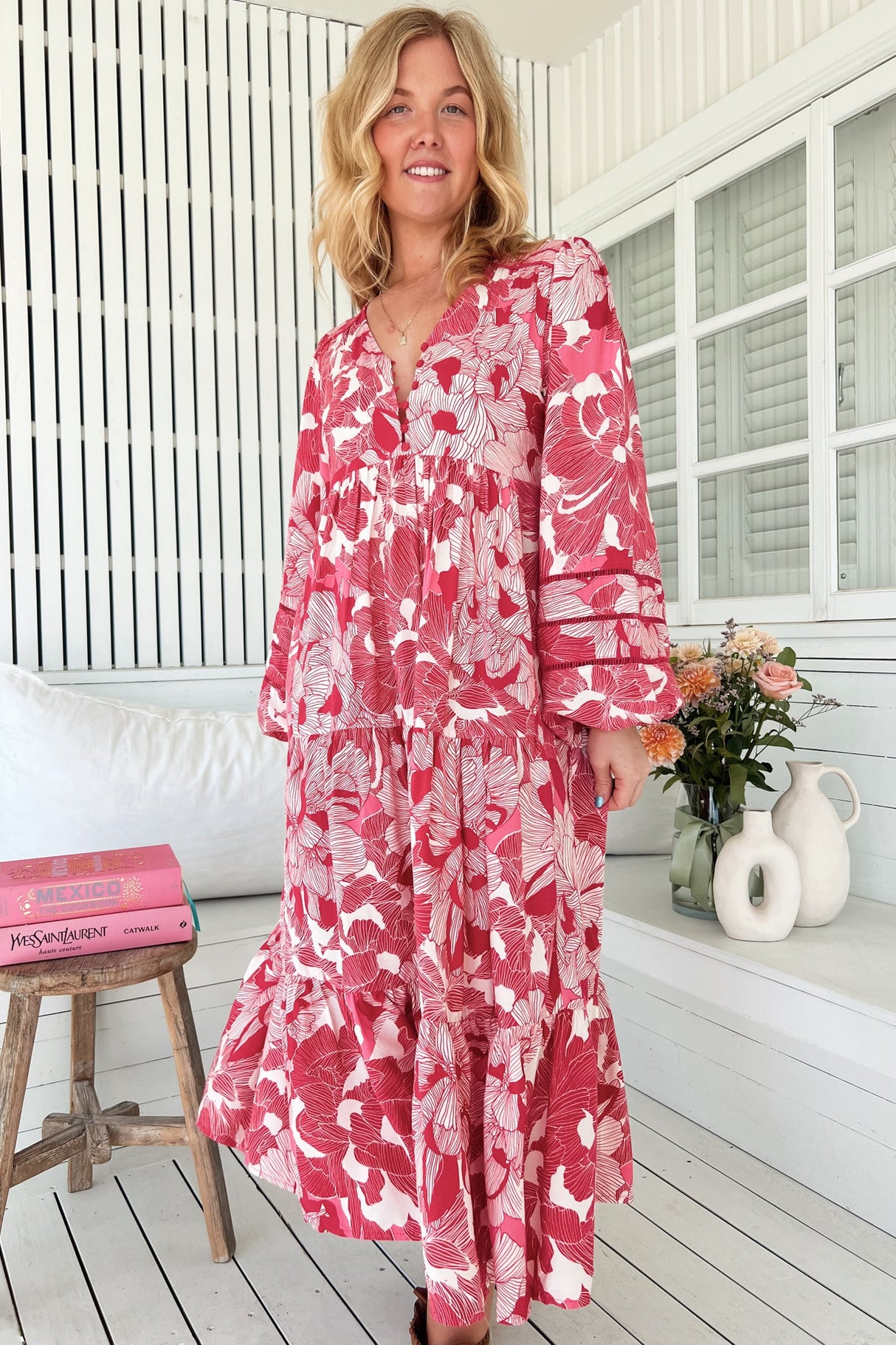 JAASE - Eve Midi Dress: V Neck Long Sleeve Tiered Dress with Option Waist Tie in Soulina Print