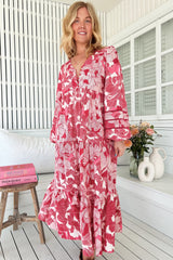 JAASE - Eve Midi Dress: V Neck Long Sleeve Tiered Dress with Option Waist Tie in Soulina Print