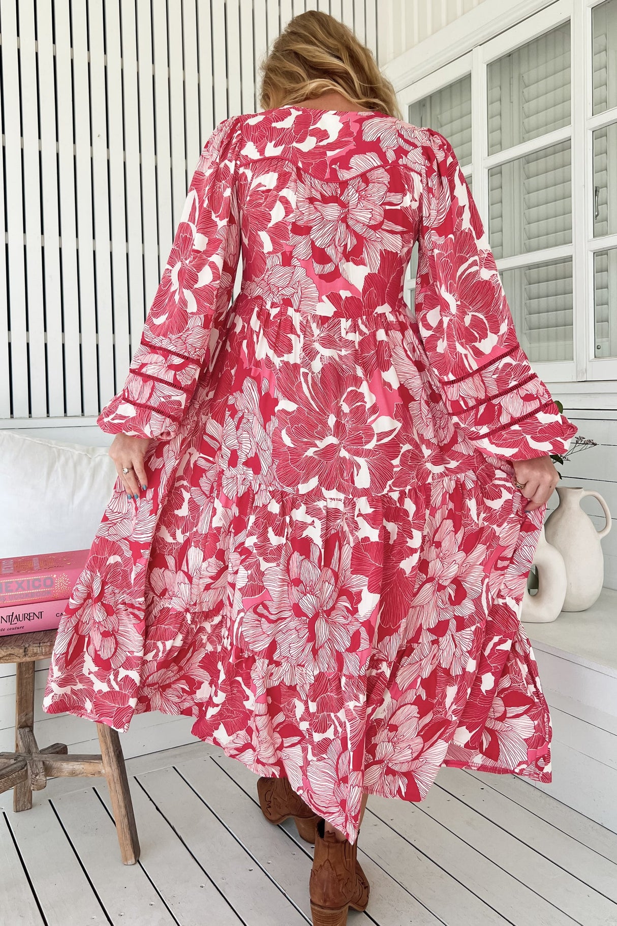 JAASE - Eve Midi Dress: V Neck Long Sleeve Tiered Dress with Option Waist Tie in Soulina Print
