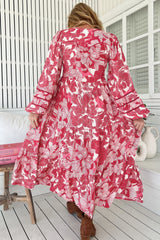 JAASE - Eve Midi Dress: V Neck Long Sleeve Tiered Dress with Option Waist Tie in Soulina Print