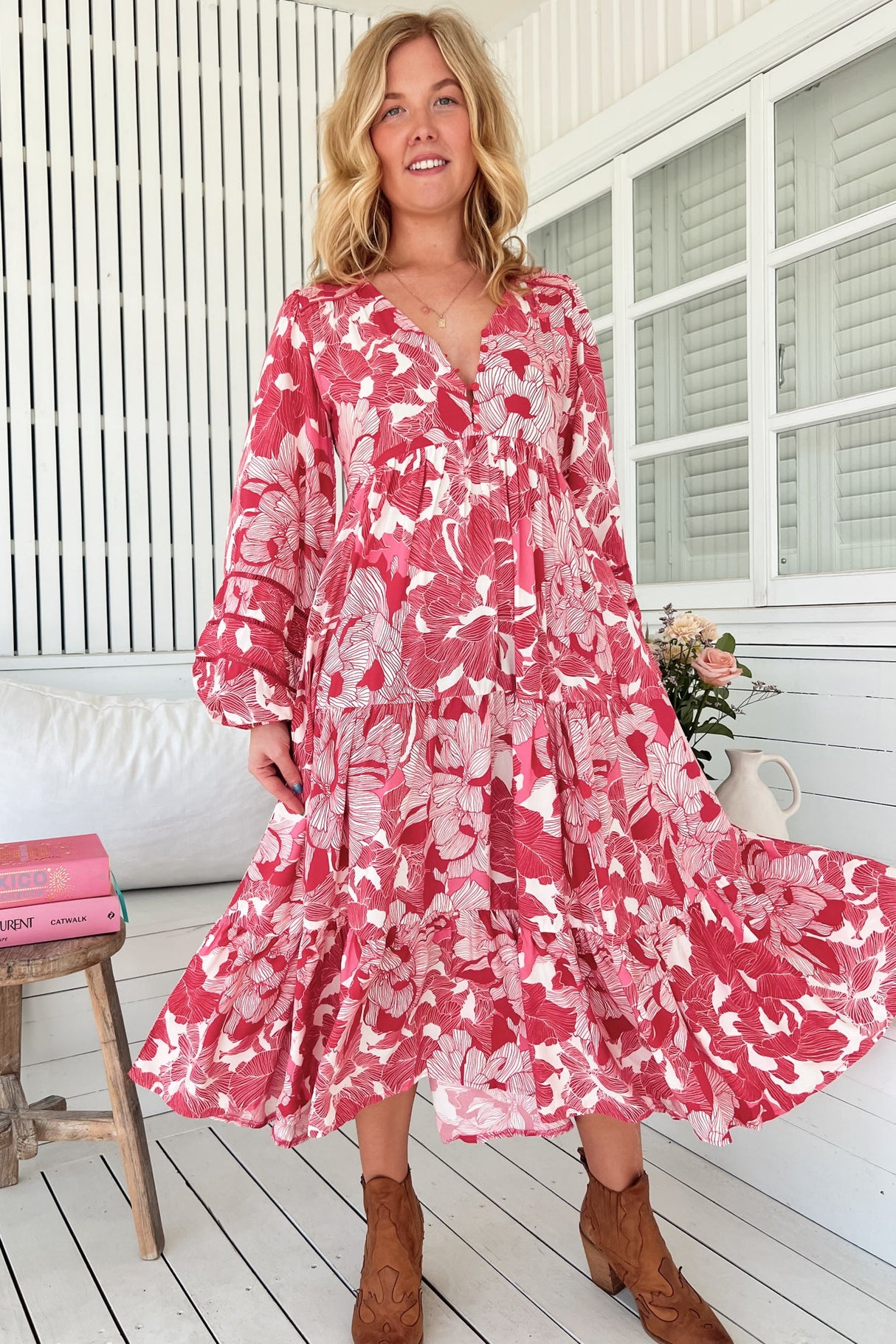 JAASE - Eve Midi Dress: V Neck Long Sleeve Tiered Dress with Option Waist Tie in Soulina Print