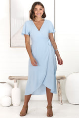 Evelyn Wrap Midi Dress - Linen Blend Wrap High Low Cap Sleeve Dress in Blue