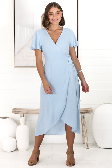 Evelyn Wrap Midi Dress - Linen Blend Wrap High Low Cap Sleeve Dress in Blue
