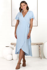 Evelyn Wrap Midi Dress - Linen Blend Wrap High Low Cap Sleeve Dress in Blue