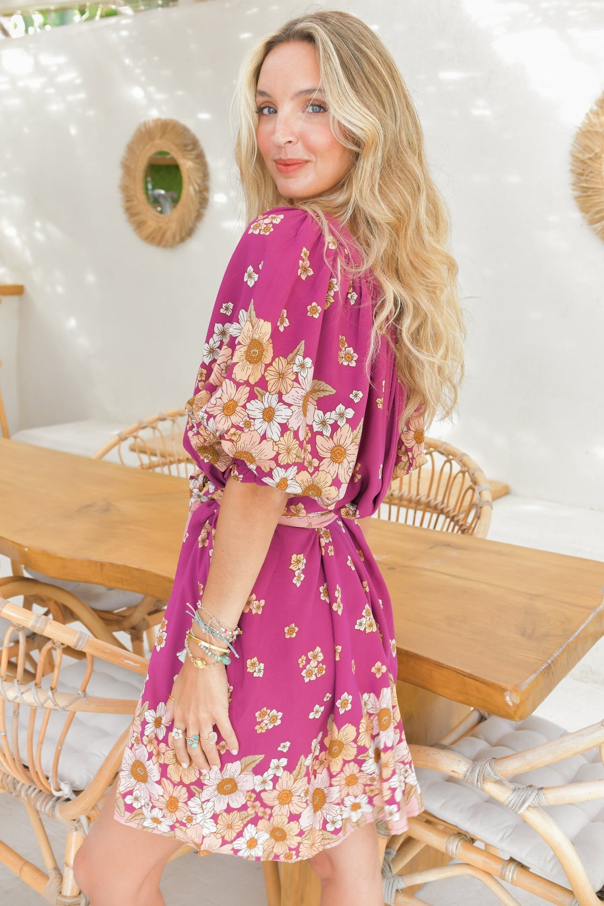 Evelyn Mini Dress: Scoop Neck Smock Dress with Pockets and Waist Tie in Bee Orchid Print