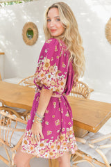 Evelyn Mini Dress: Scoop Neck Smock Dress with Pockets and Waist Tie in Bee Orchid Print