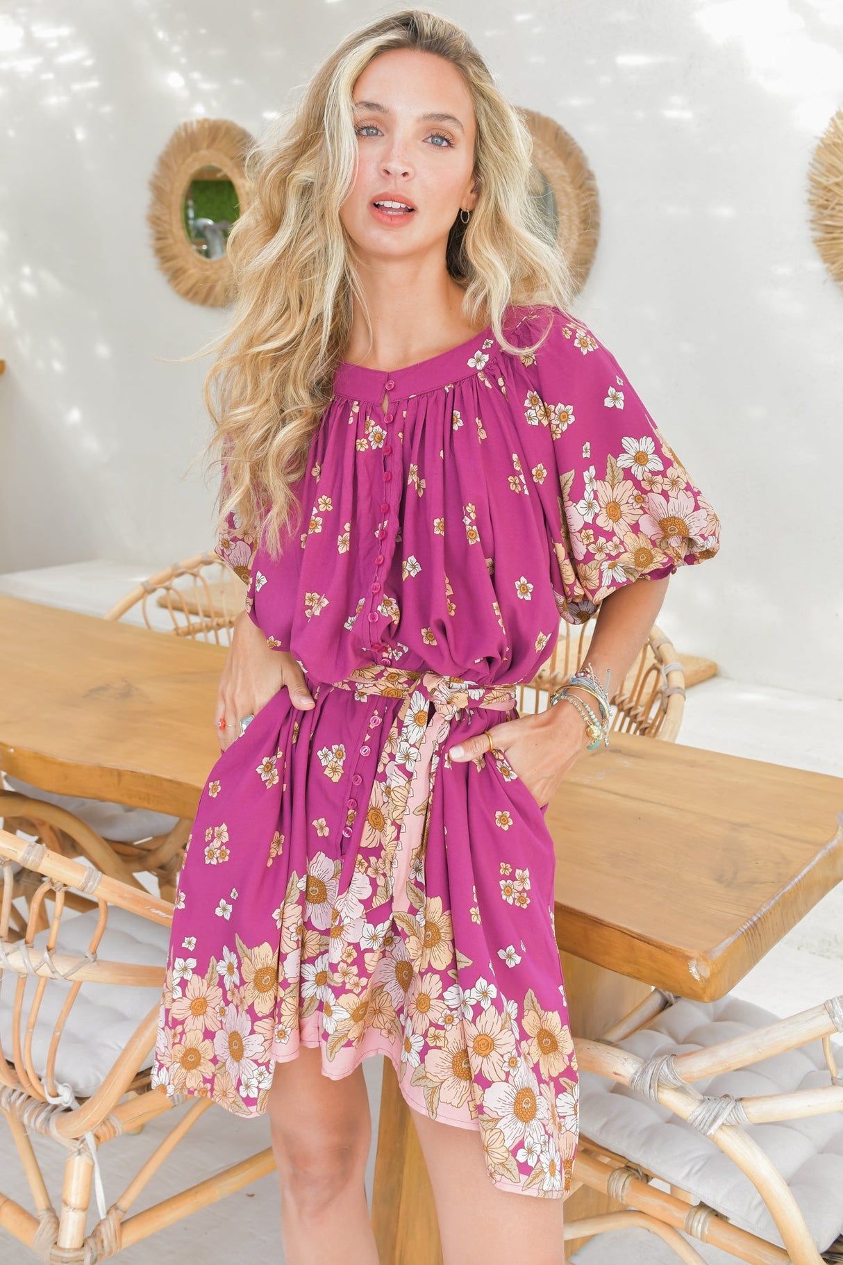 Evelyn Mini Dress: Scoop Neck Smock Dress with Pockets and Waist Tie in Bee Orchid Print
