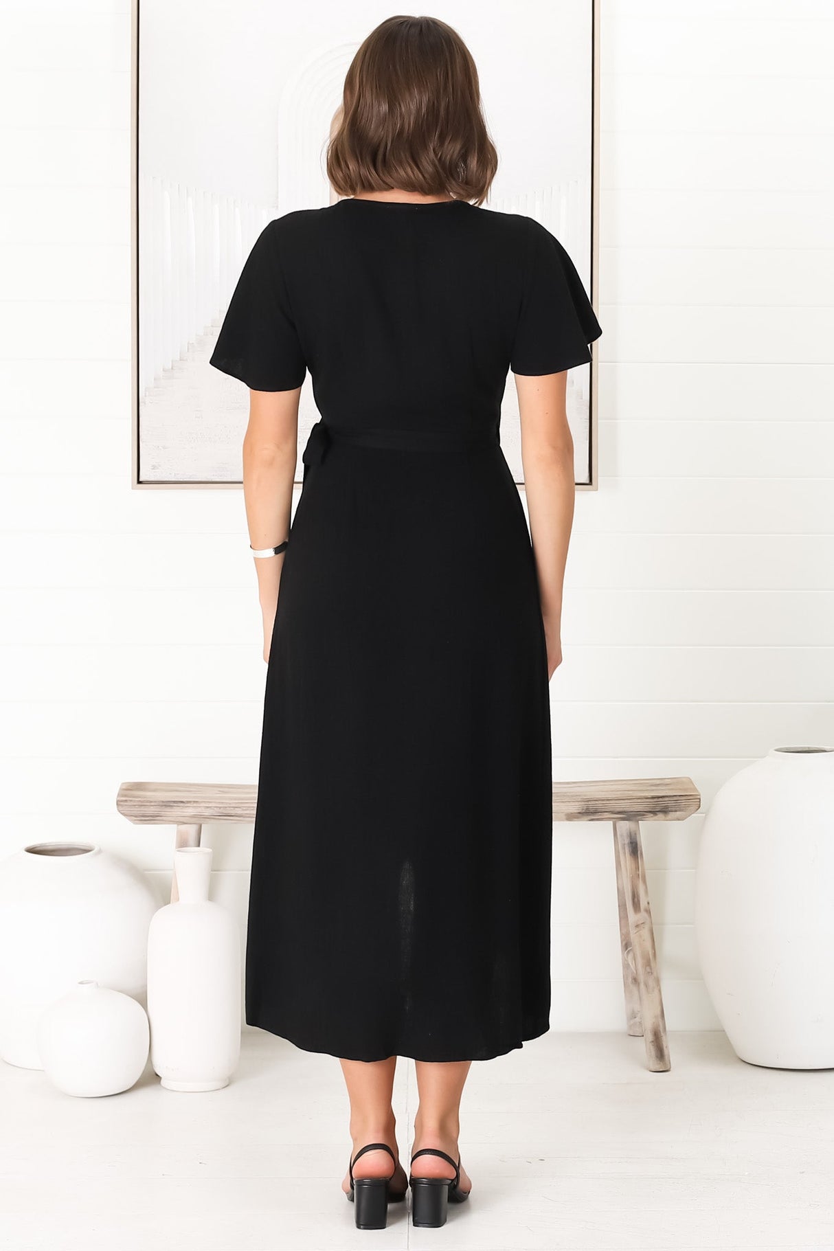 Evelyn Wrap Midi Dress - Linen Blend Wrap High Low Cap Sleeve Dress in Black