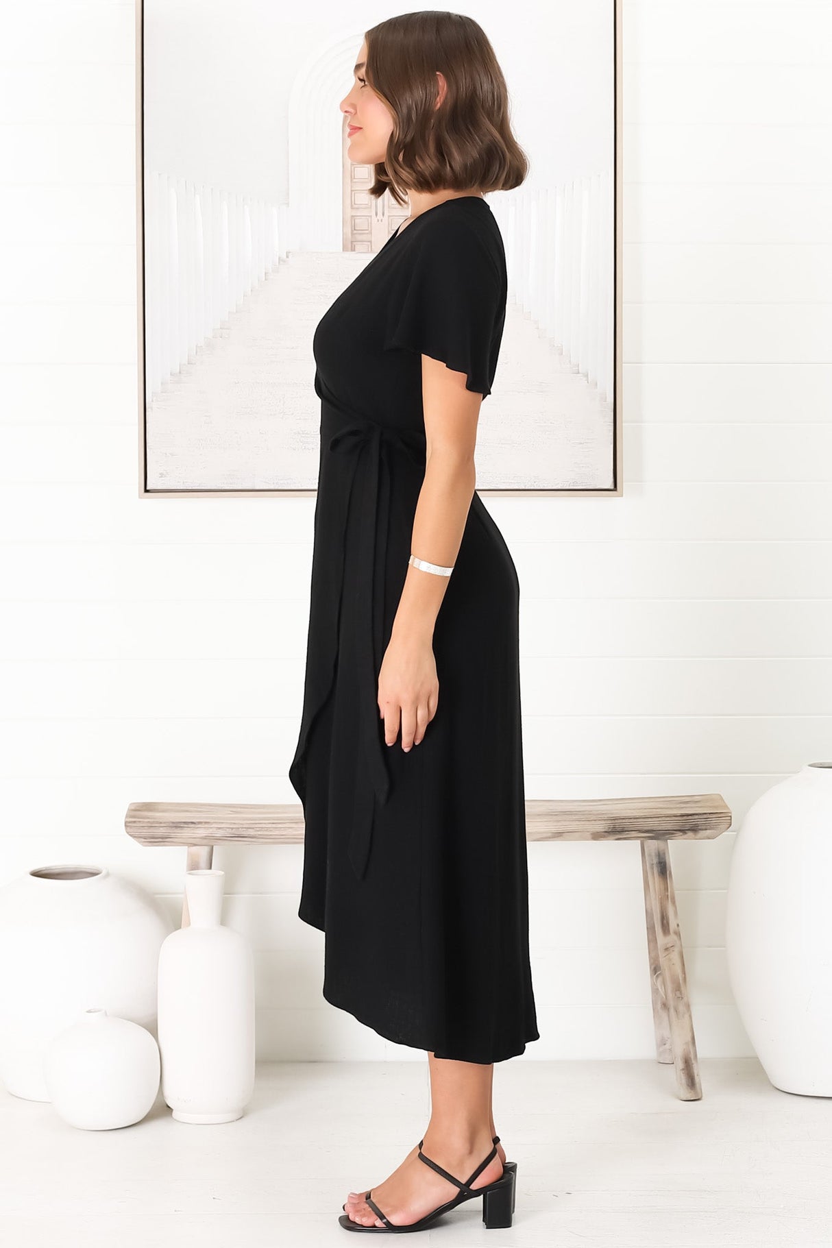 Evelyn Wrap Midi Dress - Linen Blend Wrap High Low Cap Sleeve Dress in Black