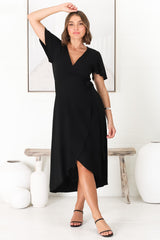 Evelyn Wrap Midi Dress - Linen Blend Wrap High Low Cap Sleeve Dress in Black