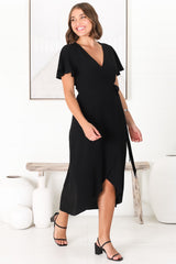 Evelyn Wrap Midi Dress - Linen Blend Wrap High Low Cap Sleeve Dress in Black