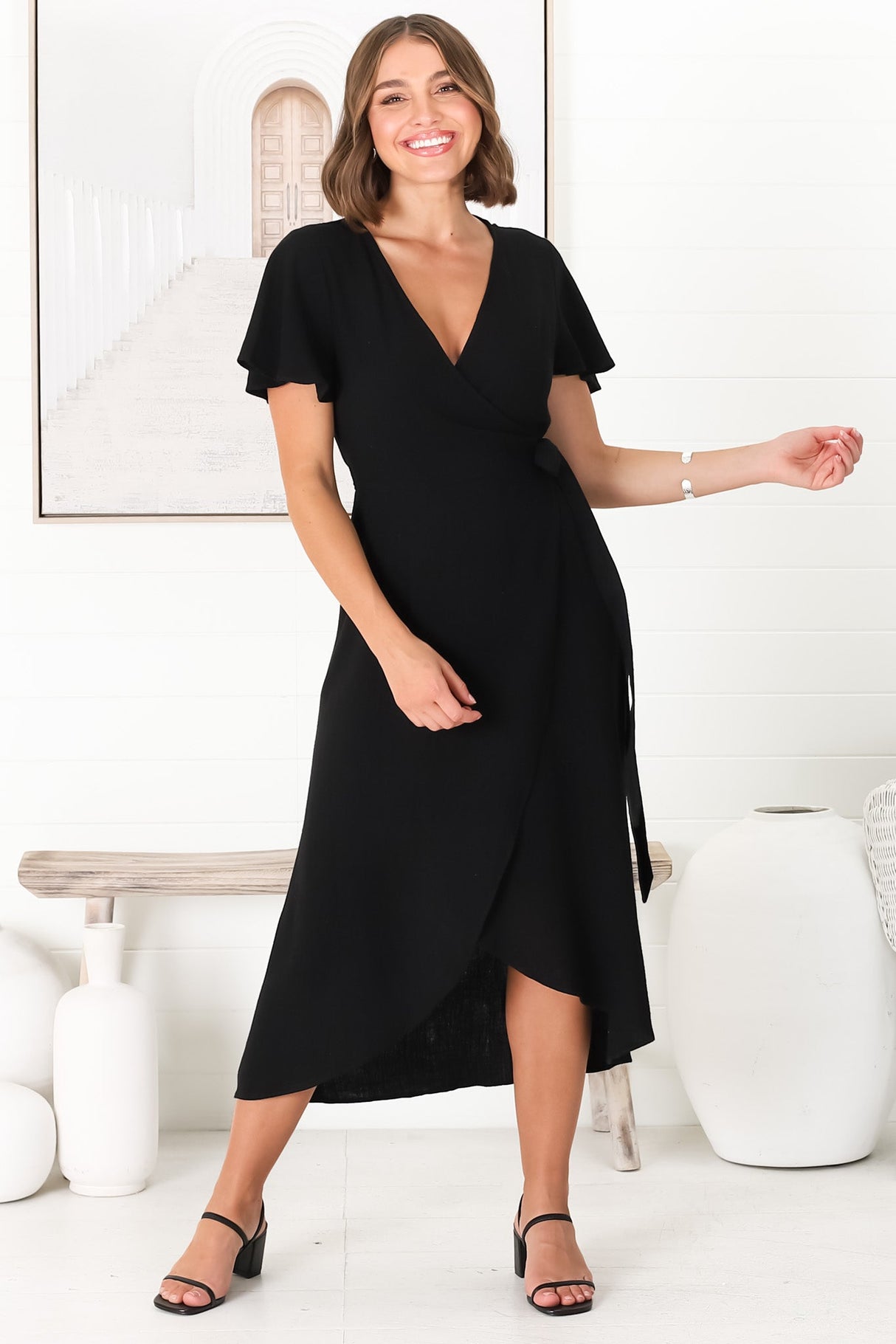 Evelyn Wrap Midi Dress - Linen Blend Wrap High Low Cap Sleeve Dress in Black