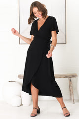 Evelyn Wrap Midi Dress - Linen Blend Wrap High Low Cap Sleeve Dress in Black