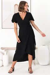 Evelyn Wrap Midi Dress - Linen Blend Wrap High Low Cap Sleeve Dress in Black