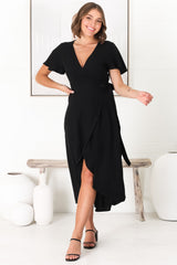 Evelyn Wrap Midi Dress - Linen Blend Wrap High Low Cap Sleeve Dress in Black