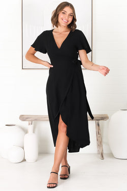 Evelyn Wrap Midi Dress - Black