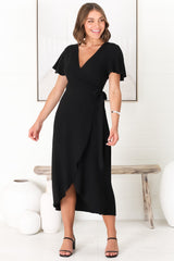 Evelyn Wrap Midi Dress - Linen Blend Wrap High Low Cap Sleeve Dress in Black