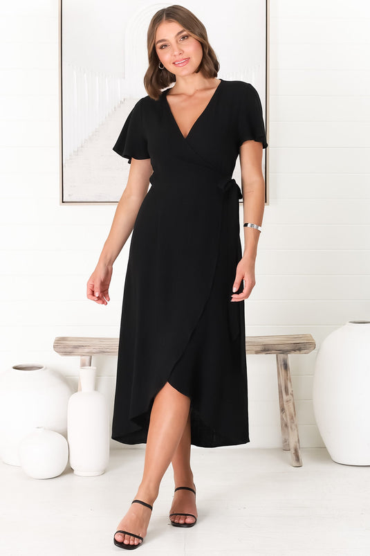 Evelyn Wrap Midi Dress - Linen Blend Wrap High Low Cap Sleeve Dress in Black