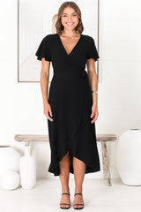 Evelyn Wrap Midi Dress - Linen Blend Wrap High Low Cap Sleeve Dress in Black