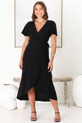 Evelyn Wrap Midi Dress - Linen Blend Wrap High Low Cap Sleeve Dress in Black