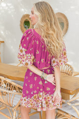 Evelyn Mini Dress: Scoop Neck Smock Dress with Pockets and Waist Tie in Bee Orchid Print