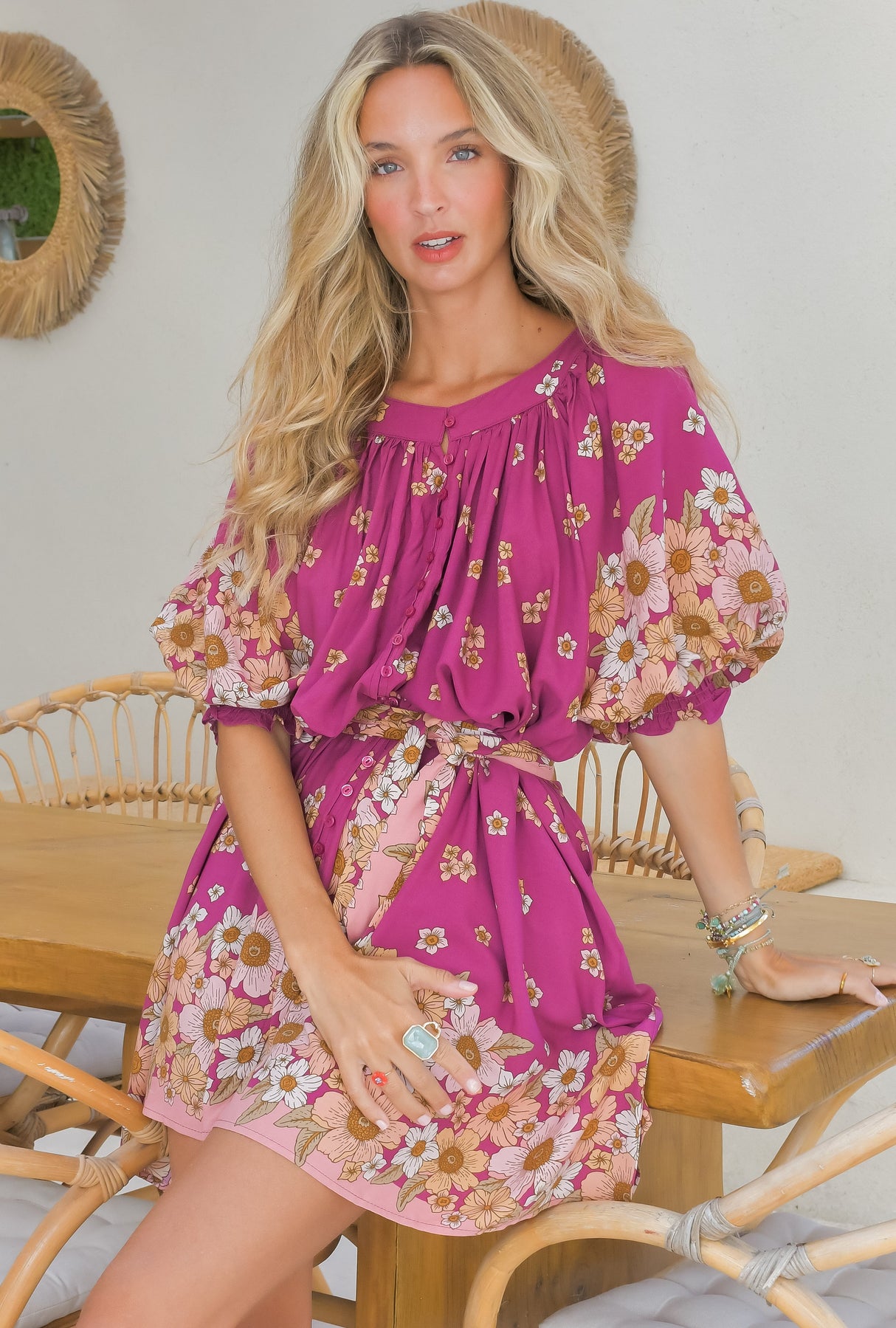 Evelyn Mini Dress: Scoop Neck Smock Dress with Pockets and Waist Tie in Bee Orchid Print