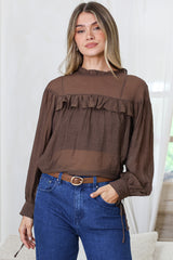 Evelyne Blouse - Frill Detailed Sheer Blouse with Balloon Sleeves with Tie Detail in Chocolate