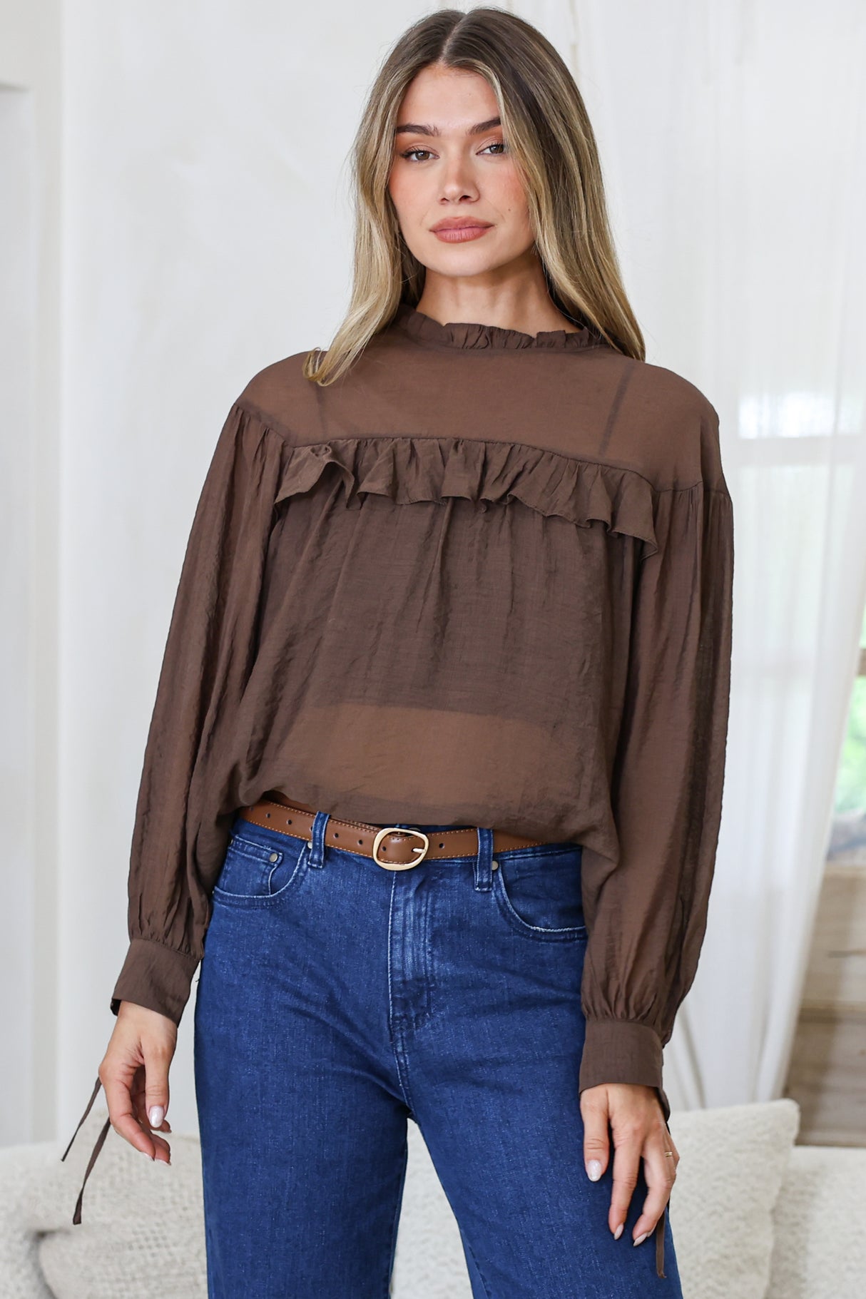 Evelyne Blouse - Frill Detailed Sheer Blouse with Balloon Sleeves with Tie Detail in Chocolate