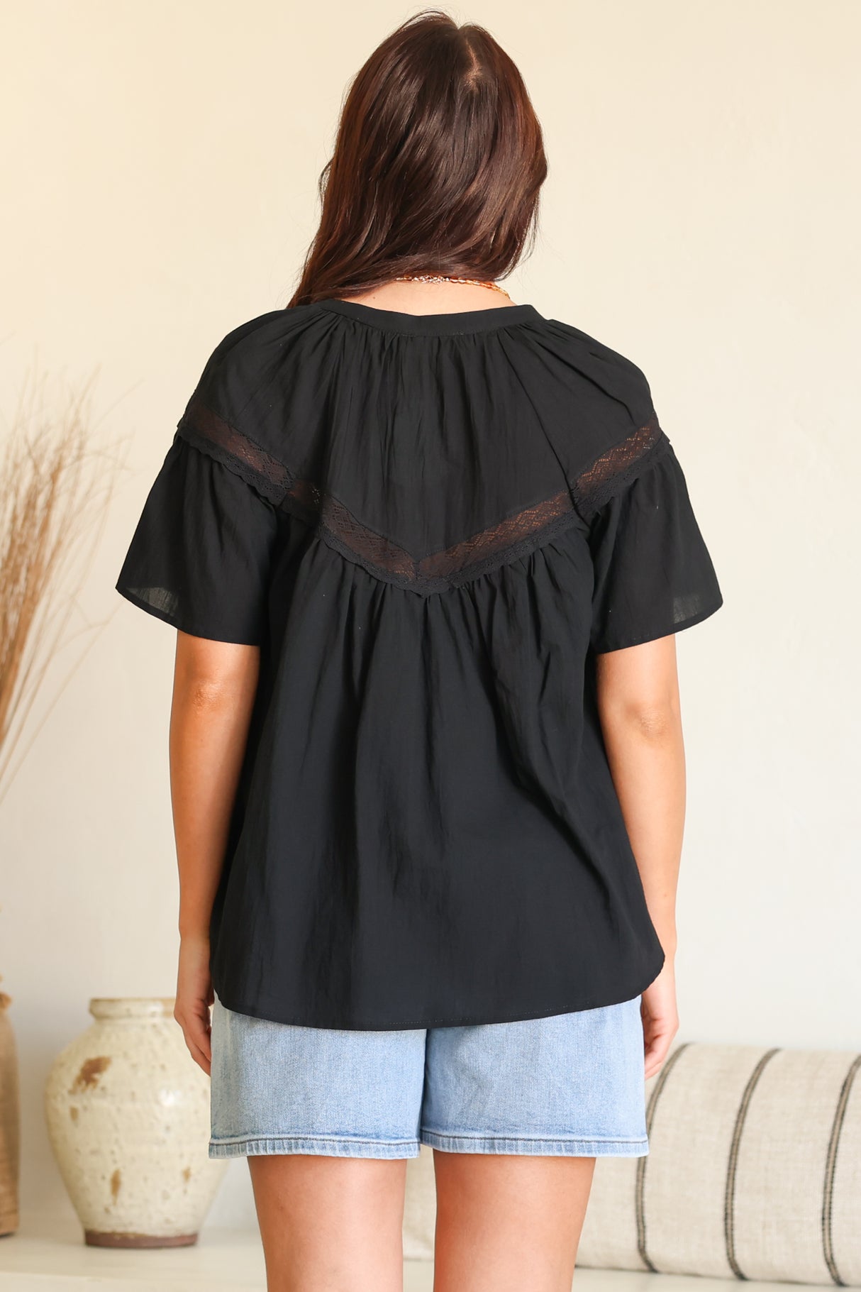 Eveta Blouse - Split Collar Delicate Lace Detailed Button Down with Short Sleeves in Black