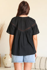 Eveta Blouse - Split Collar Delicate Lace Detailed Button Down with Short Sleeves in Black