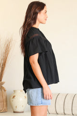 Eveta Blouse - Split Collar Delicate Lace Detailed Button Down with Short Sleeves in Black