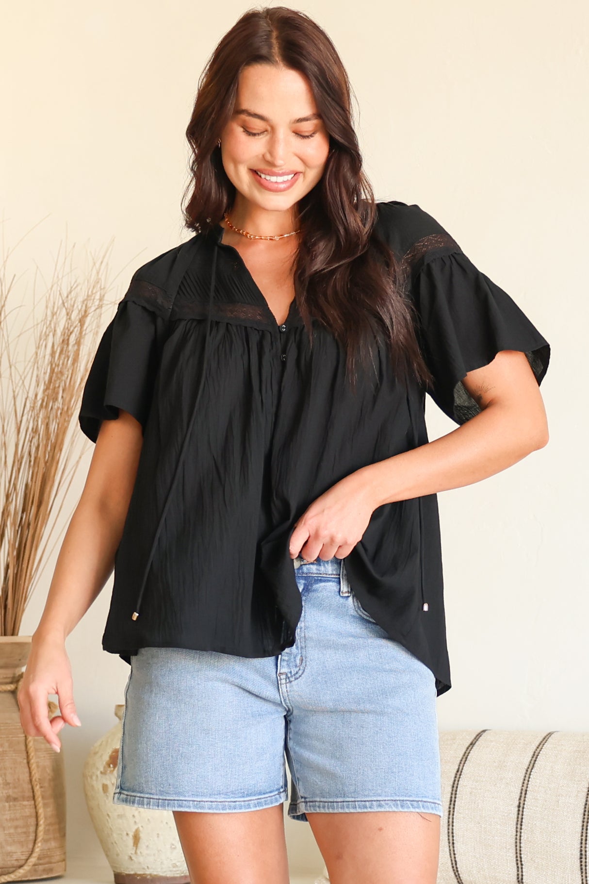 Eveta Blouse - Split Collar Delicate Lace Detailed Button Down with Short Sleeves in Black