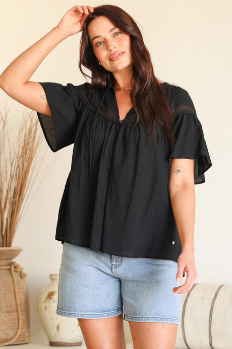 Eveta Blouse - Split Collar Delicate Lace Detailed Button Down with Short Sleeves in Black