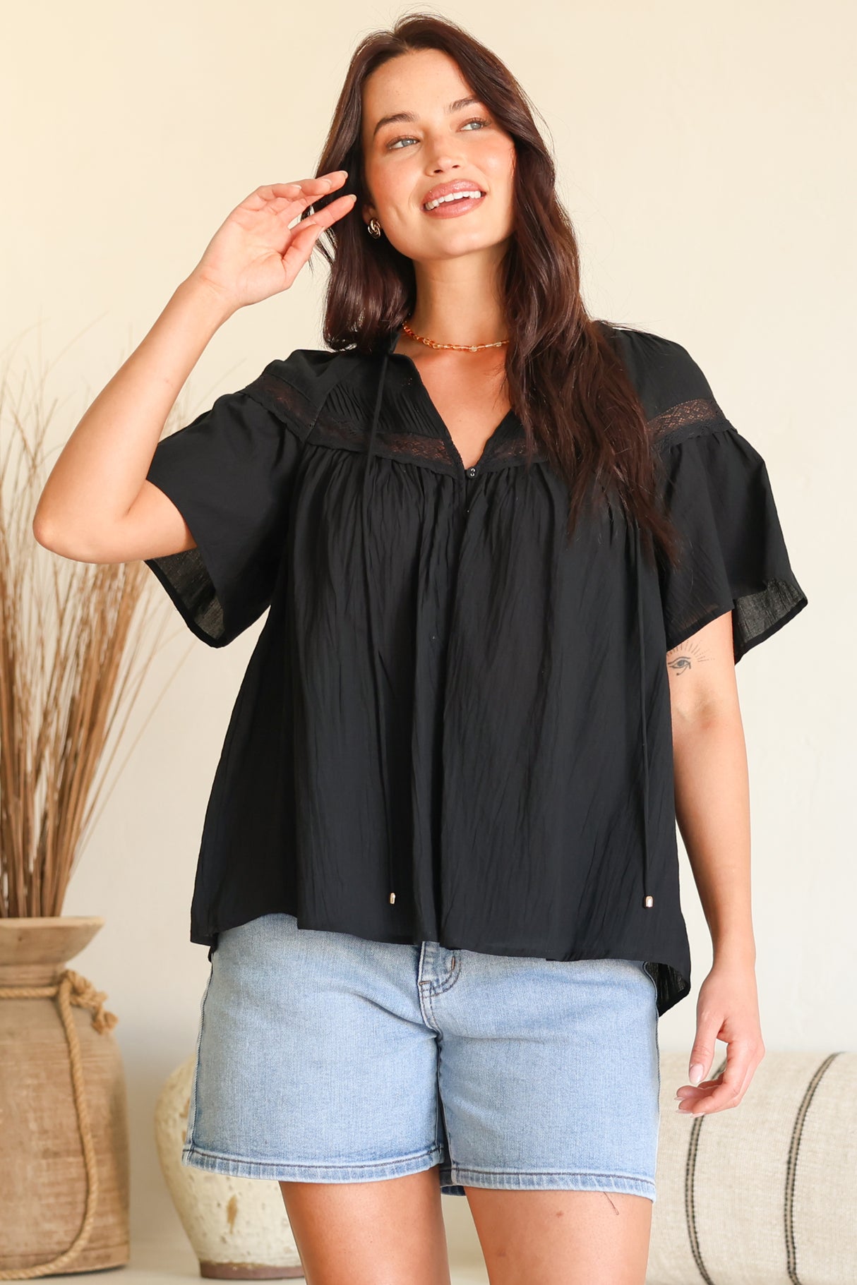 Eveta Blouse - Split Collar Delicate Lace Detailed Button Down with Short Sleeves in Black
