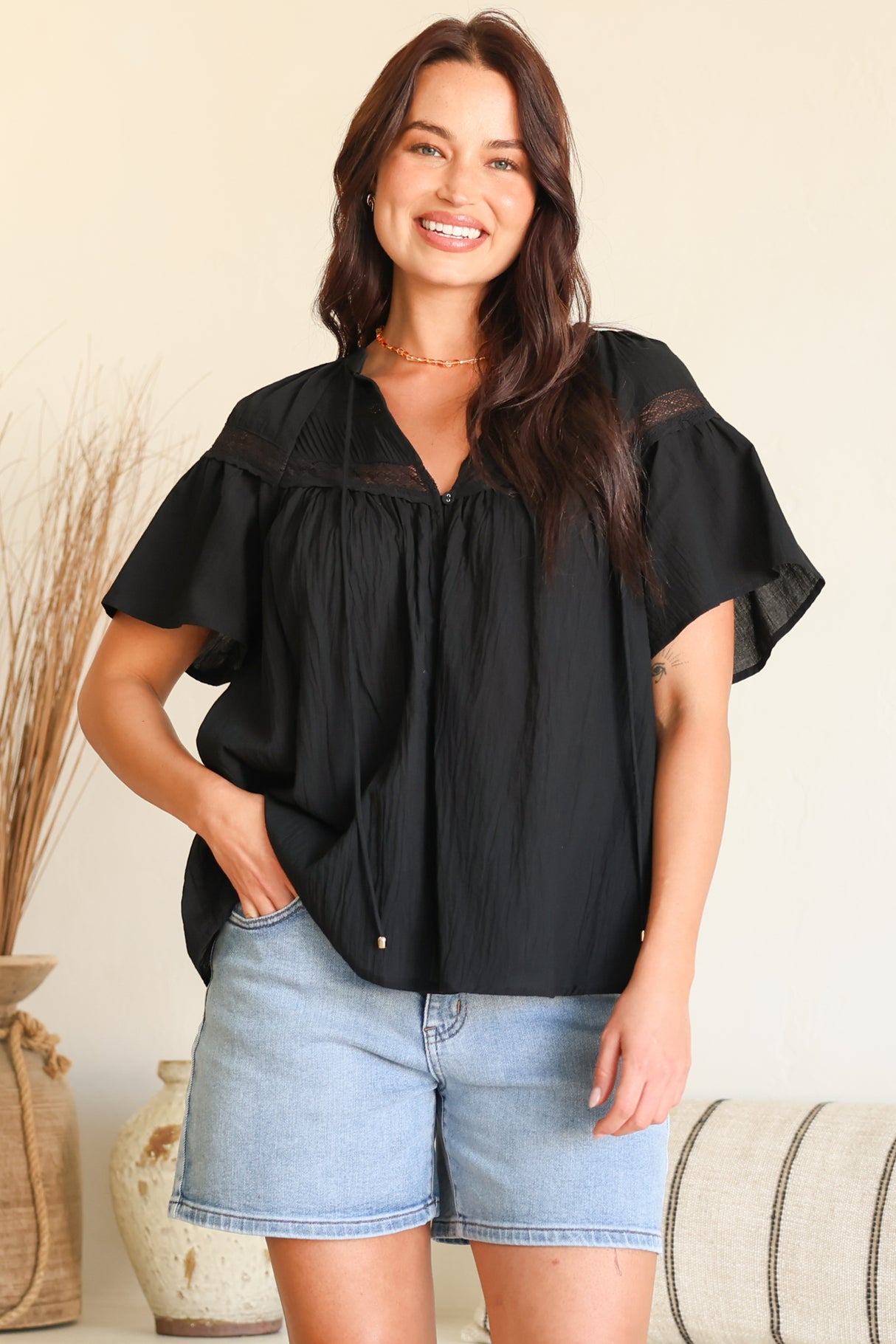 Eveta Blouse - Split Collar Delicate Lace Detailed Button Down with Short Sleeves in Black