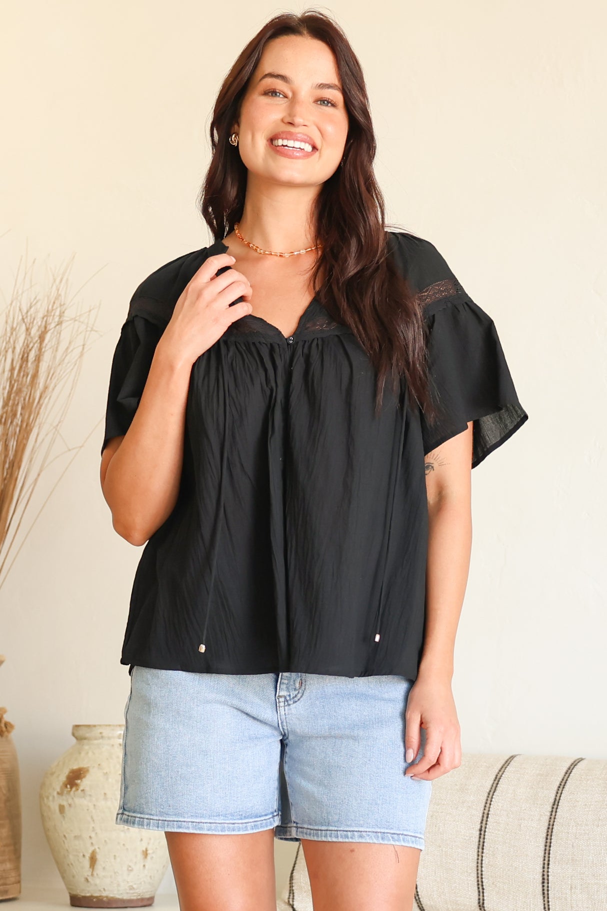 Eveta Blouse - Split Collar Delicate Lace Detailed Button Down with Short Sleeves in Black