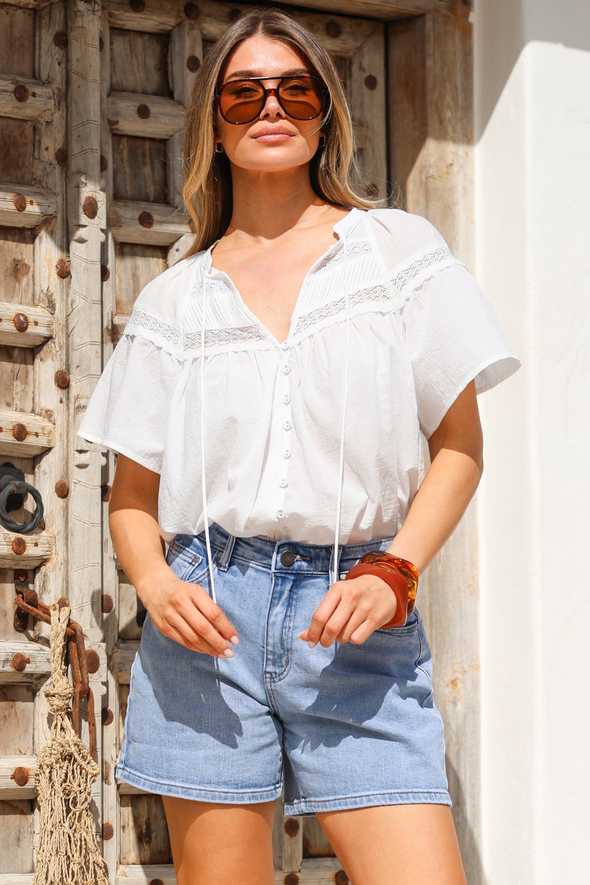 Eveta Blouse - Split Collar Delicate Lace Detailed Button Down with Short Sleeves in White