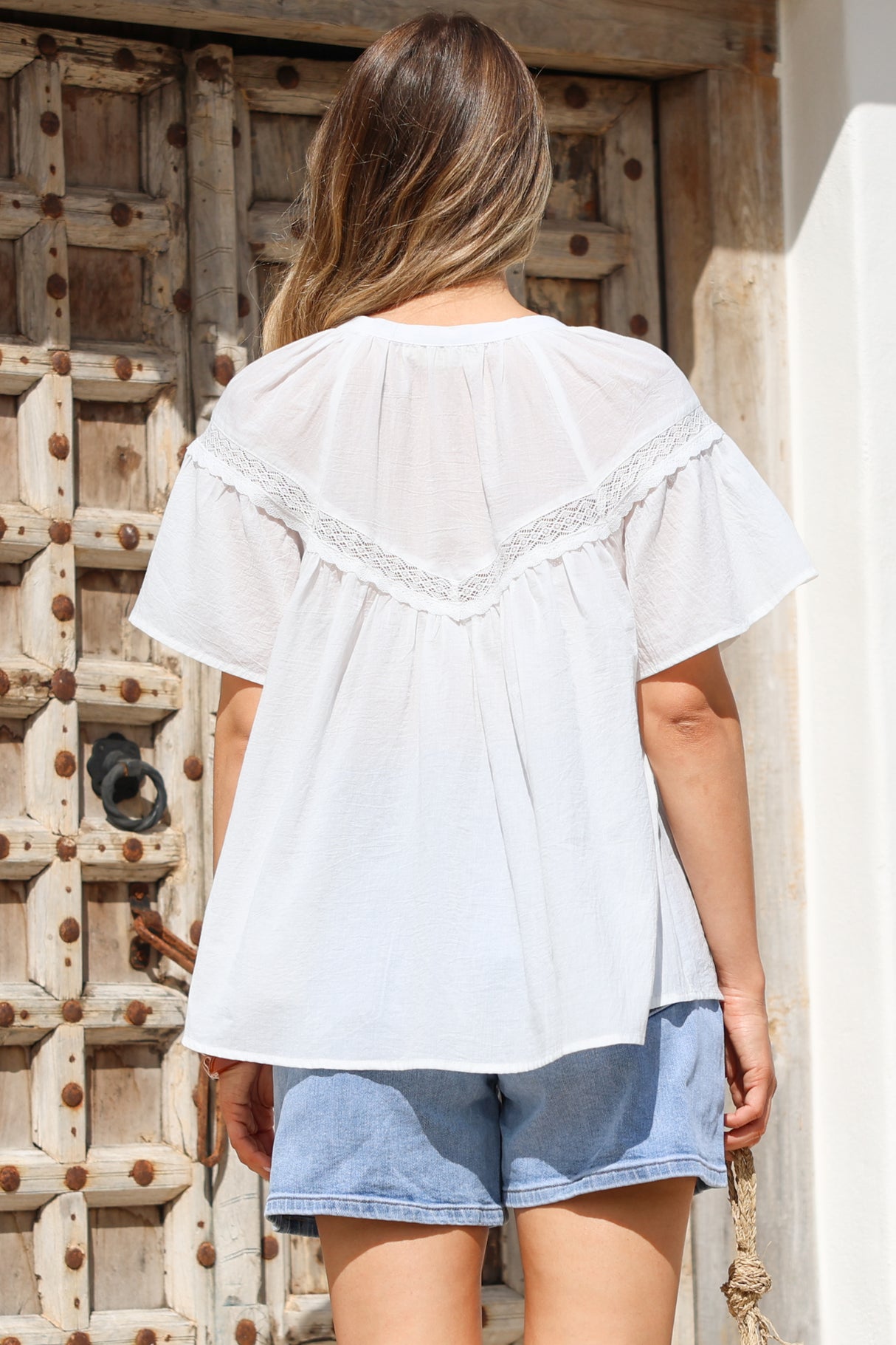 Eveta Blouse - Split Collar Delicate Lace Detailed Button Down with Short Sleeves in White