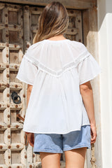 Eveta Blouse - Split Collar Delicate Lace Detailed Button Down with Short Sleeves in White