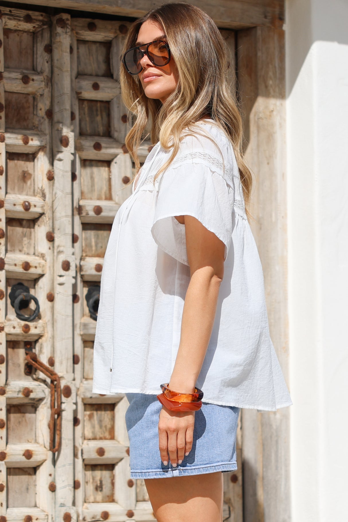 Eveta Blouse - Split Collar Delicate Lace Detailed Button Down with Short Sleeves in White