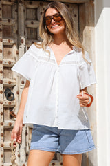 Eveta Blouse - Split Collar Delicate Lace Detailed Button Down with Short Sleeves in White
