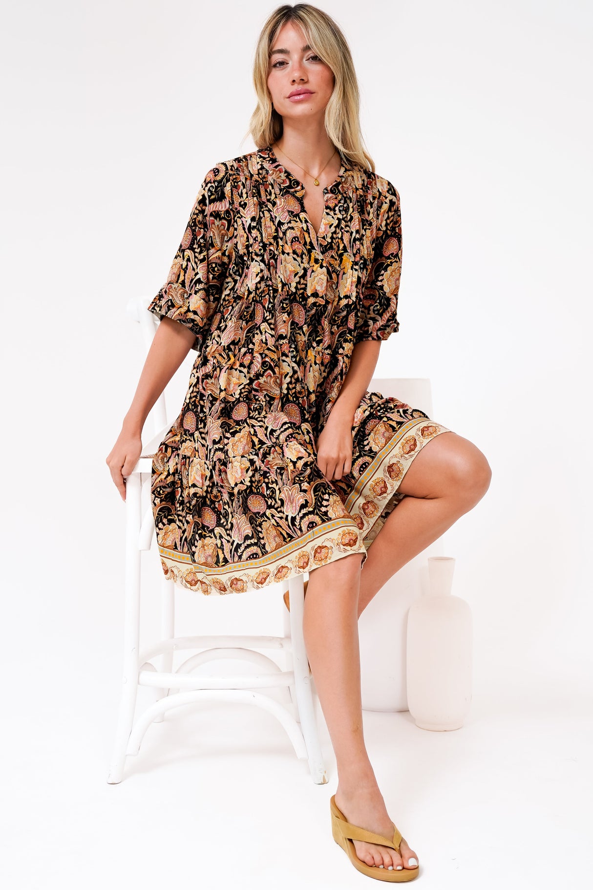 Evie Mini Dress - 3/4 Sleeve Tiered Smock Dress in Pree Print Black