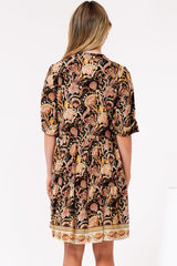 Evie Mini Dress - 3/4 Sleeve Tiered Smock Dress in Pree Print Black